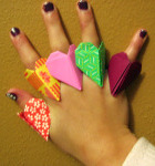 Closeup of origami heart rings